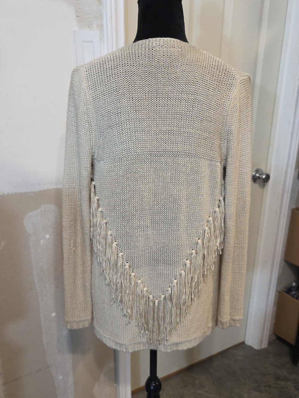 Women's Cream Fringe Open Front Knit Cardigan Lagen Look Western Boho Cableknit